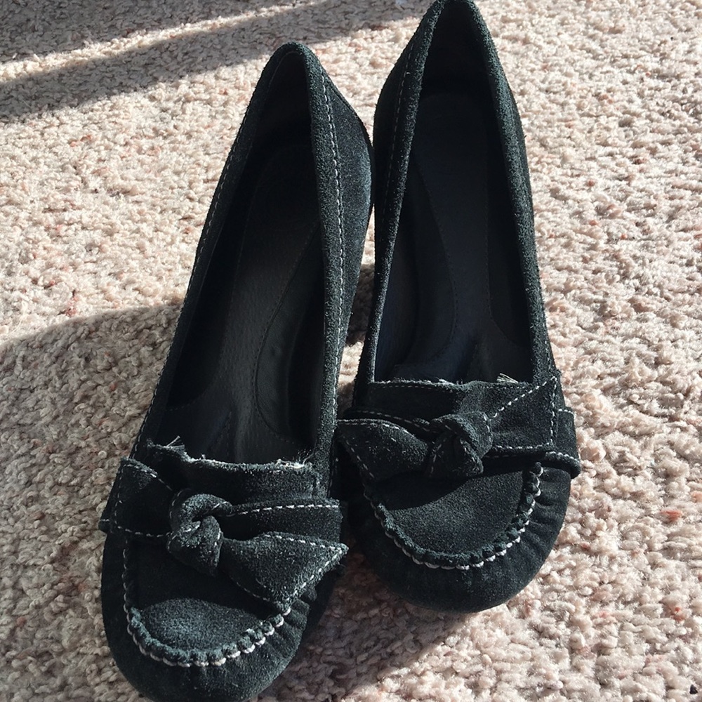 Black suede stacked heels